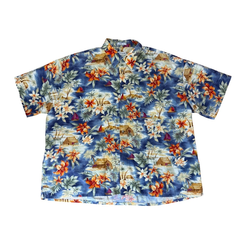 Pierre Cardin Mens 3XL‎ Tropical Island Hibiscus Palm Tree Hawaiian Shirt